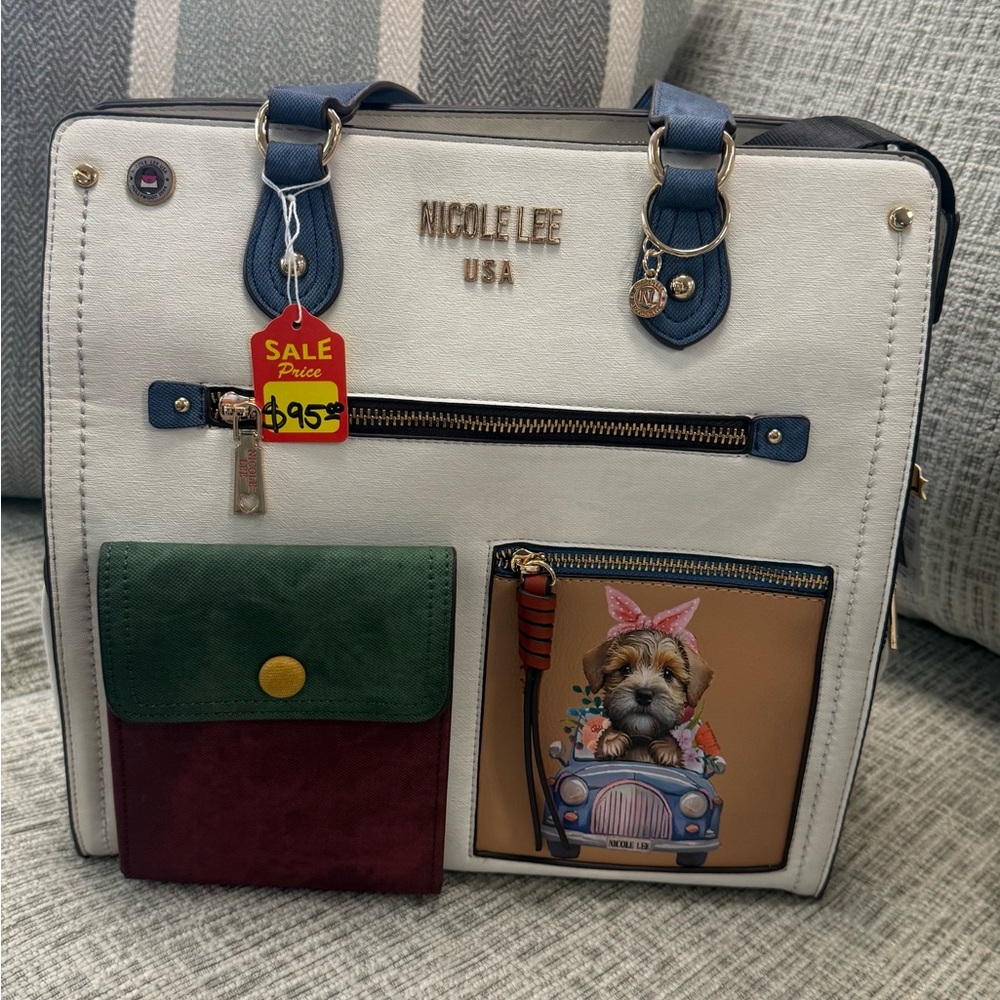 Nicole Lee USA White and Blue Handbag with Dog Print